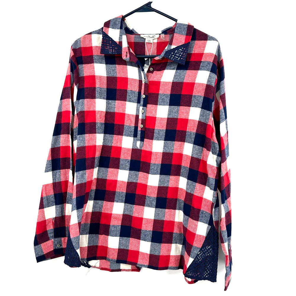 Simply Noelle size L XL 12-14 red blue white long sleeve button up flannel top